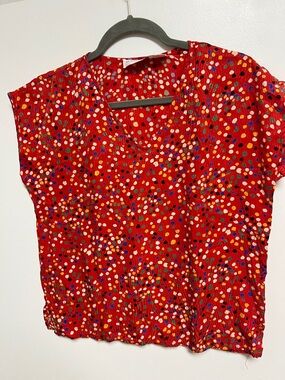 Vintage Jack Mulqueen Silk Red Polka Dot V-Neck Blouse Colorful Dot Print Small